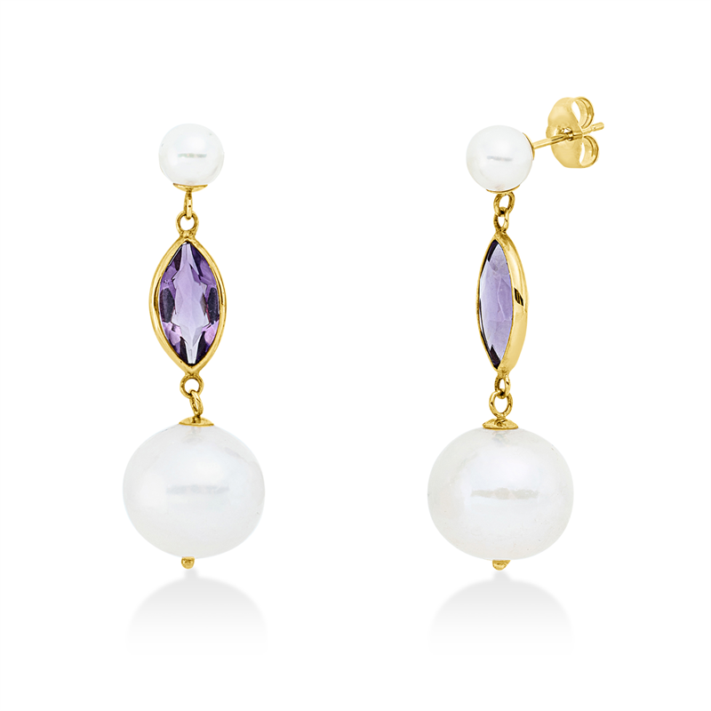 Ohrschmuck mit Amethyst mit Zuchtperle aus 585/-14 Karat Gelbgold  