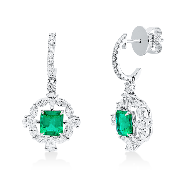 Ohrschmuck mit Smaragd  aus 750/-18 Karat Weißgold mit 46 Diamanten 1
