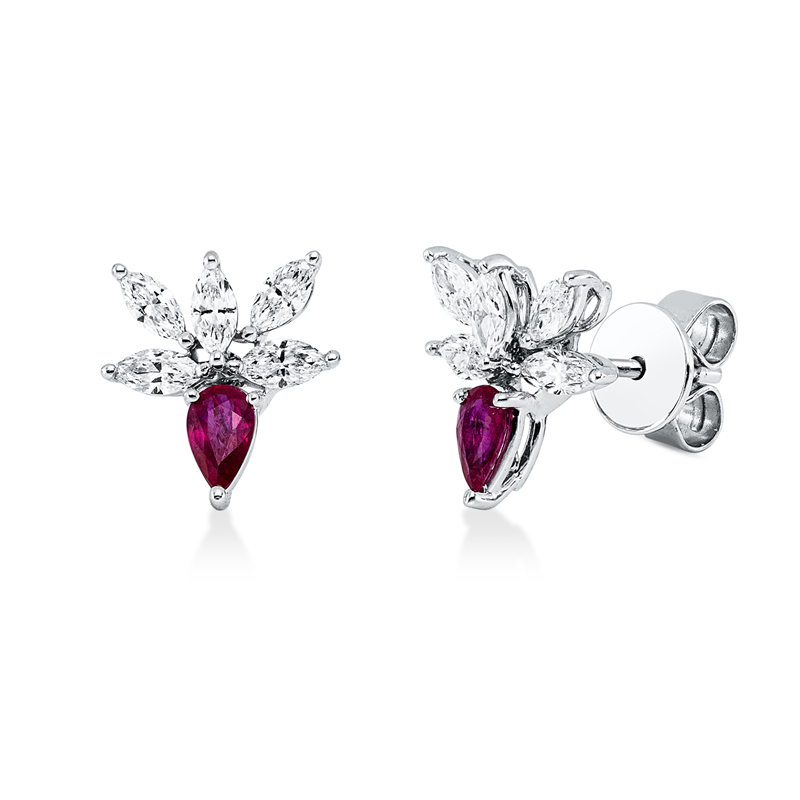 Ohrstecker mit Rubin  aus 750/-18 Karat Weißgold mit 10 Diamanten 0