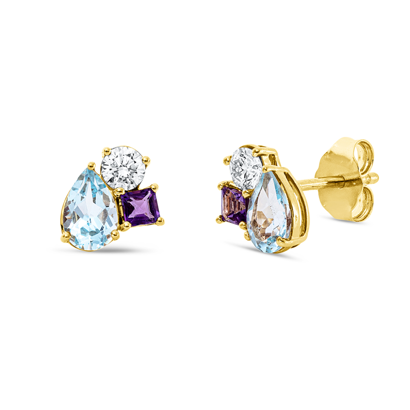 Ohrstecker mit Amethyst  aus 750/-18 Karat Gelbgold mit 2 Diamanten 0
