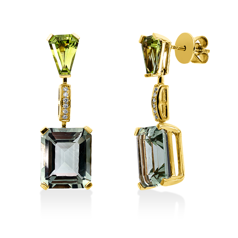 Ohrschmuck mit Peridot  aus 750/-18 Karat Gelbgold mit 12 Diamanten 0