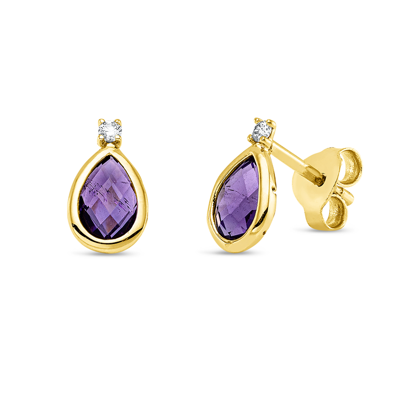 Ohrstecker mit Amethyst  aus 750/-18 Karat Gelbgold mit 2 Diamanten 0