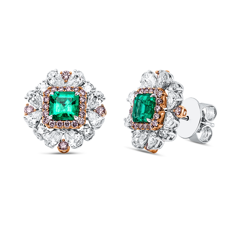 Ohrstecker mit Smaragd  aus 750/-18 Karat Weißgold / Rotgold mit 68 Diamanten 2