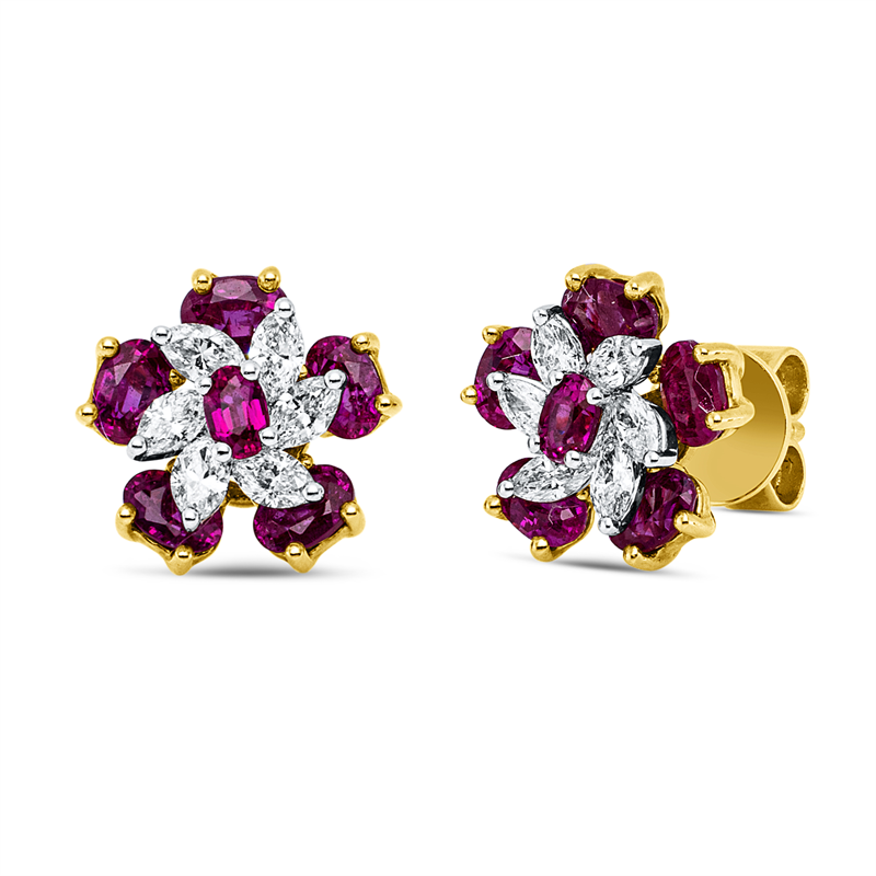 Ohrstecker mit Rubin  aus 750/-18 Karat Gelbgold / Weißgold mit 12 Diamanten 0