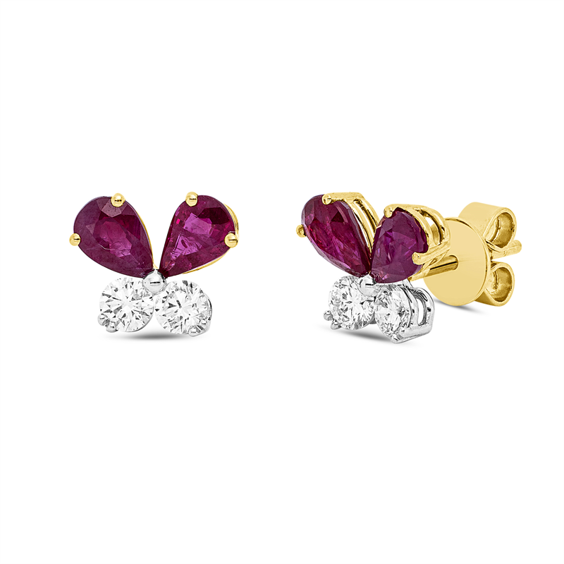 Ohrstecker mit Rubin  aus 750/-18 Karat Gelbgold / Weißgold mit 4 Diamanten 0