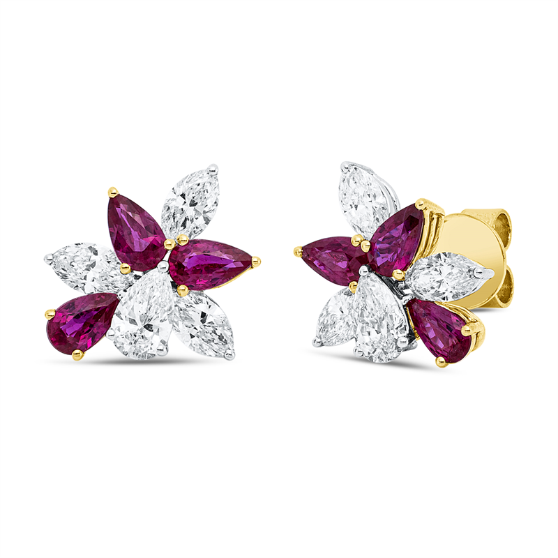 Ohrstecker mit Rubin  aus 750/-18 Karat Gelbgold / Weißgold mit 8 Diamanten 1