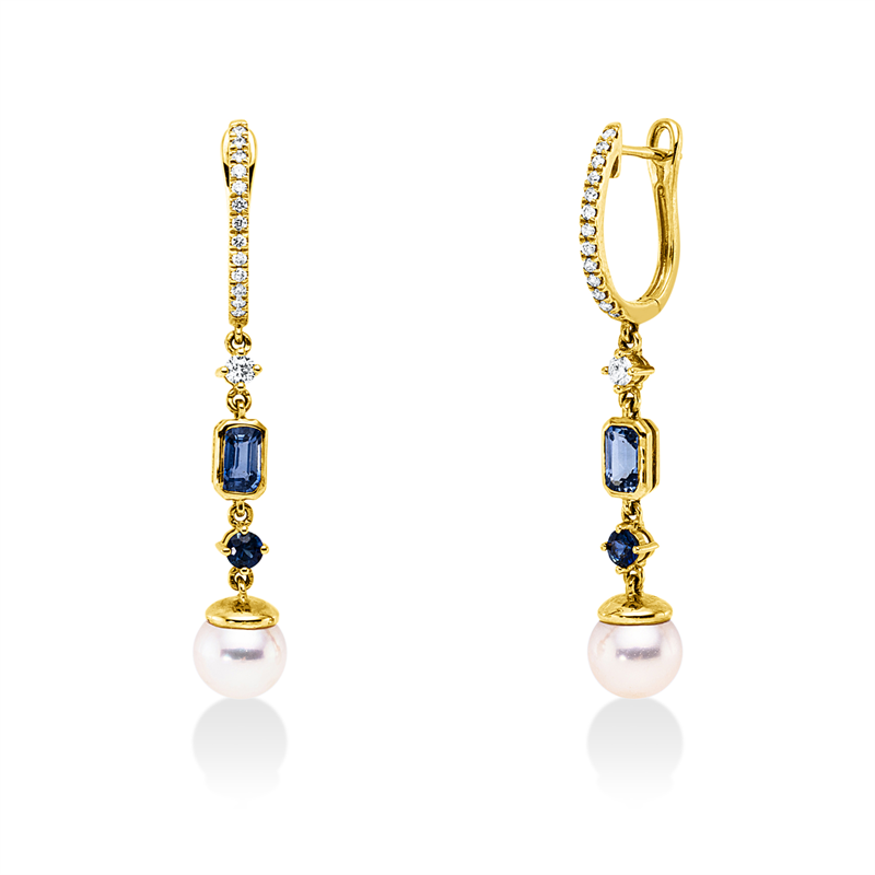Ohrschmuck mit Saphir mit Süßwasserperle aus 750/-18 Karat Gelbgold mit 28 Diamanten 0