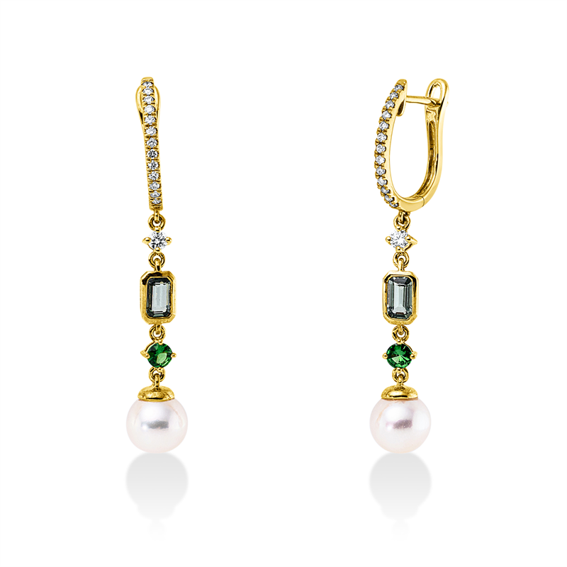 Ohrschmuck mit Saphir mit Süßwasserperle aus 750/-18 Karat Gelbgold mit 28 Diamanten 0