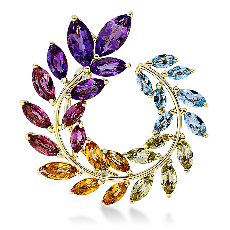 Brosche mit Farbstein  aus 750/-18 Karat Gelbgold  