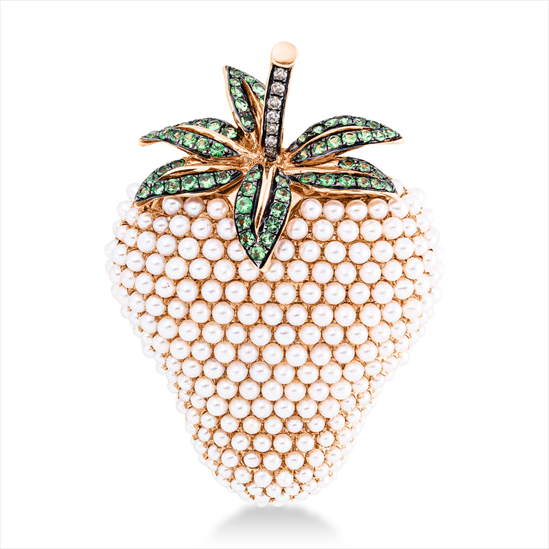 Brosche mit Tsavorith mit Zuchtperle aus 750/-18 Karat Rotgold mit 7 Diamanten 0