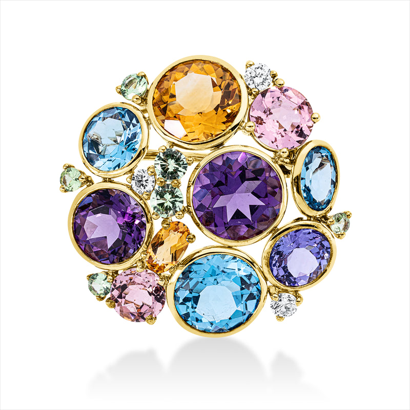 Brosche mit Farbstein  aus 750/-18 Karat Gelbgold mit 3 Diamanten 0