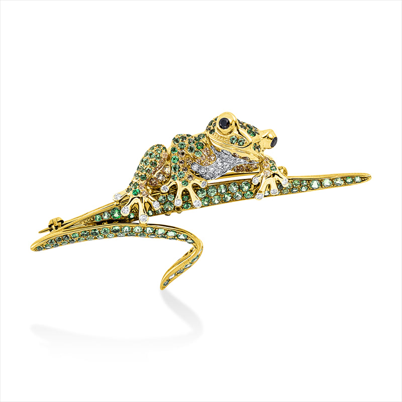 Brosche mit Tsavorith  aus 750/-18 Karat Weißgold / Gelbgold mit 39 Diamanten 0