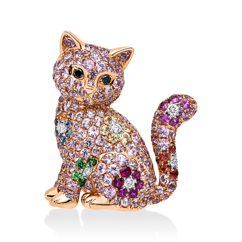 Brosche mit Saphir  aus 750/-18 Karat Rotgold / Weißgold mit 8 Diamanten 0