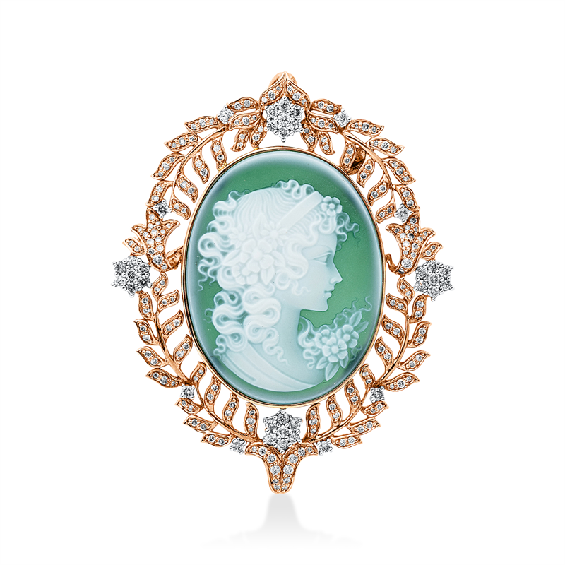 Brosche mit Farbstein  aus 750/-18 Karat Rotgold / Weißgold mit 206 Diamanten 1