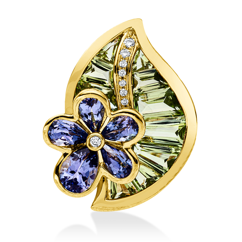 Brosche mit Tansanit  aus 750/-18 Karat Gelbgold mit 9 Diamanten 0