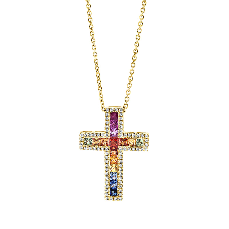 Collier - Kreuz aus Gold mit Diamanten mit Saphir, Kreuz-Symbol, mit ZÖ 40 cm - 4K895