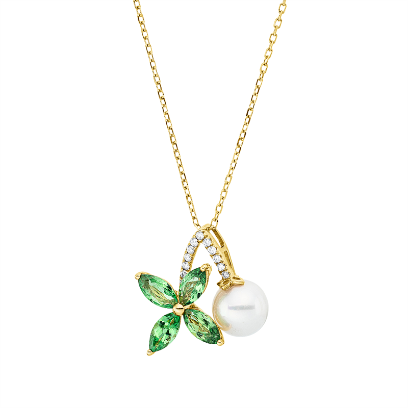 Collier mit Tsavorith mit Süßwasserperle aus 750/-18 Karat Gelbgold mit 12 Diamanten 0