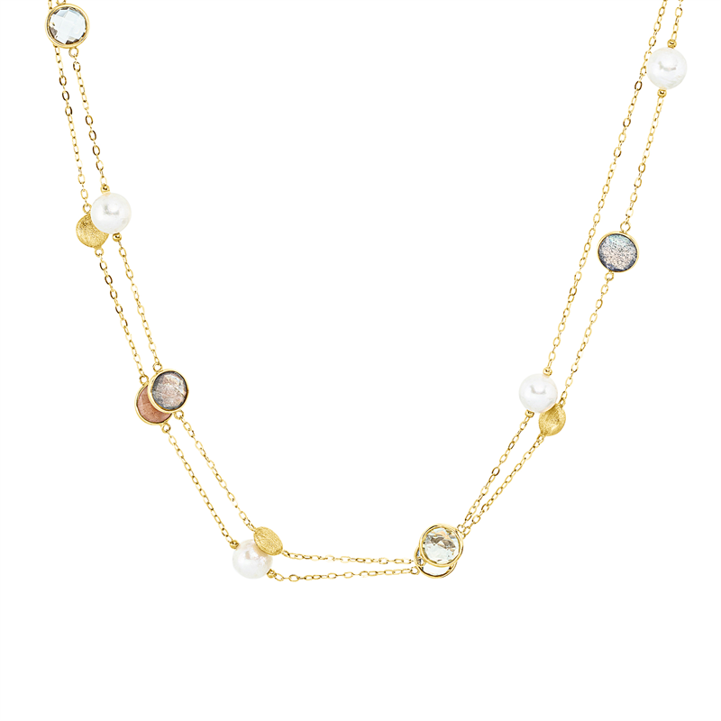 Collier mit Farbstein mit Akoyaperle aus 585/-14 Karat Gelbgold  