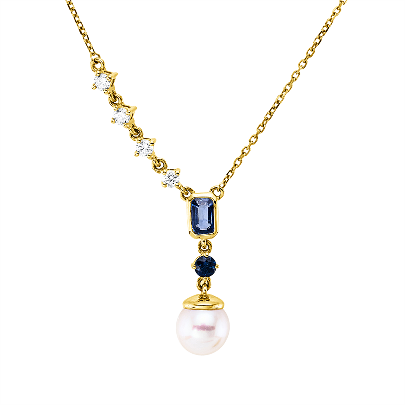 Collier mit Saphir mit Süßwasserperle aus 750/-18 Karat Gelbgold mit 4 Diamanten 0
