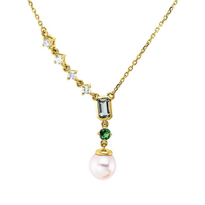 Collier mit Saphir mit Süßwasserperle aus 750/-18 Karat Gelbgold mit 4 Diamanten 0