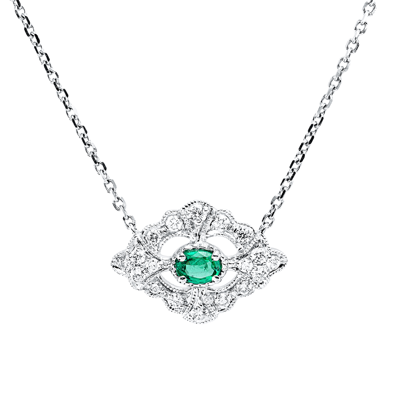 Collier mit Smaragd  aus 750/-18 Karat Weißgold mit 18 Diamanten 0