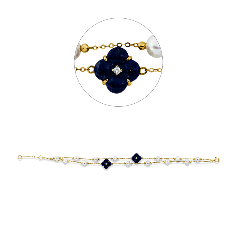 Armband mit Lapislazuli mit Süßwasserperle aus 750/-18 Karat Gelbgold mit 4 Diamanten 0