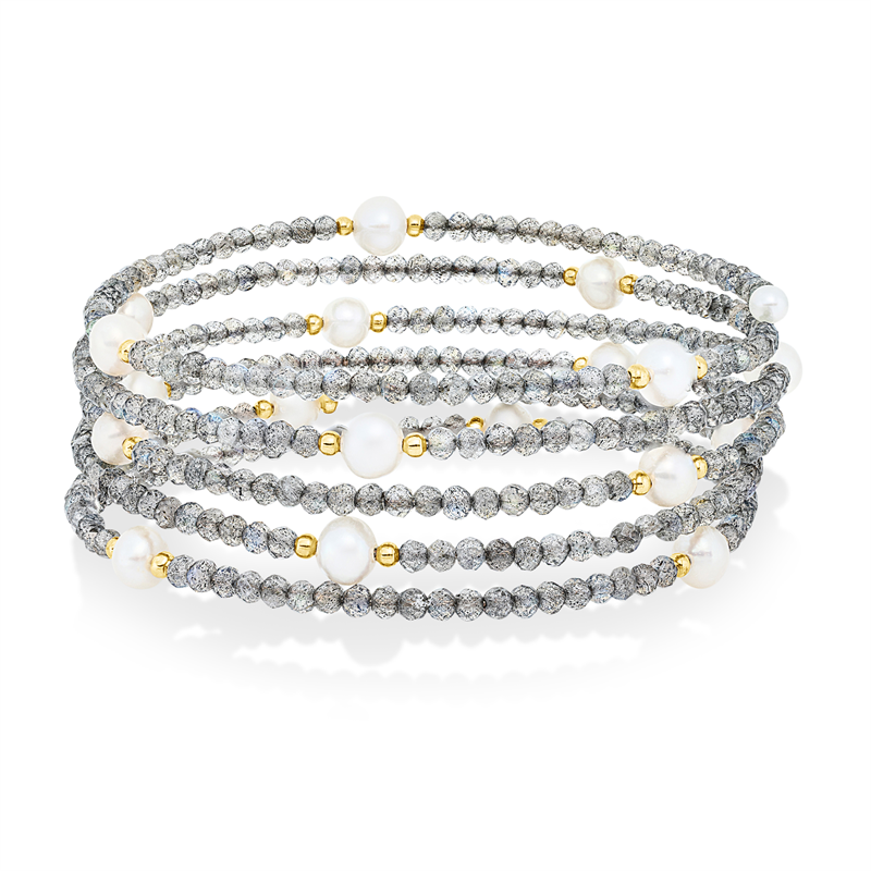 Armreif mit Labradonit mit Süßwasserperle aus 750/-18 Karat Gelbgold  