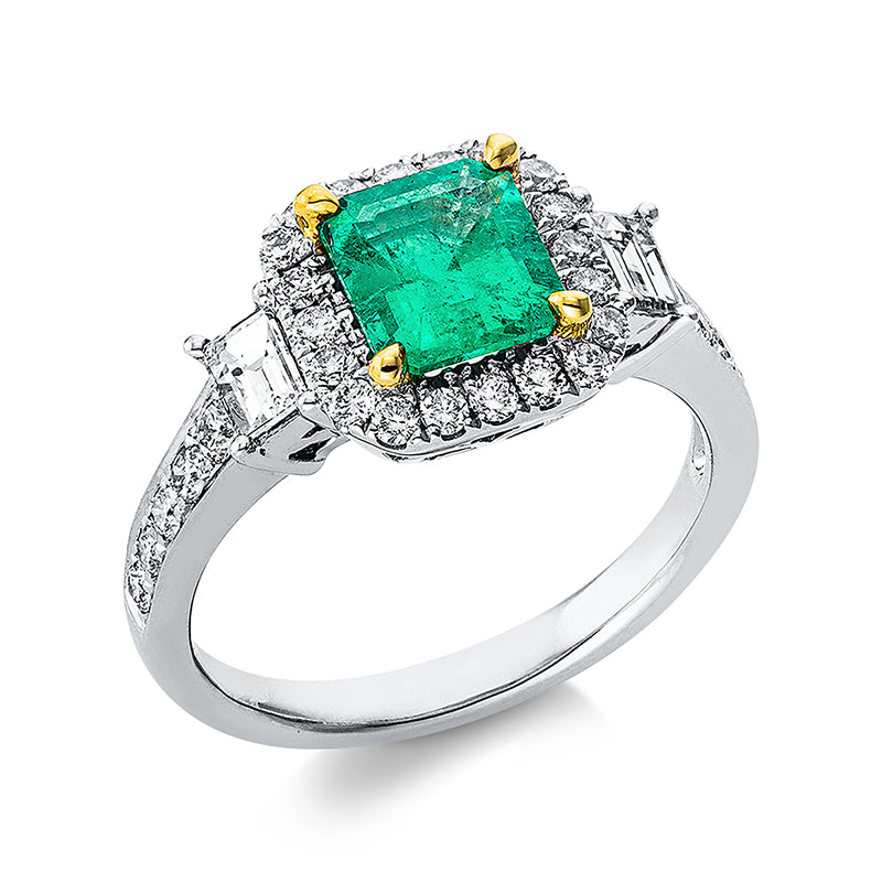 Ring mit Smaragd  aus 750/-18 Karat Weißgold / Gelbgold mit 32 Diamanten 0