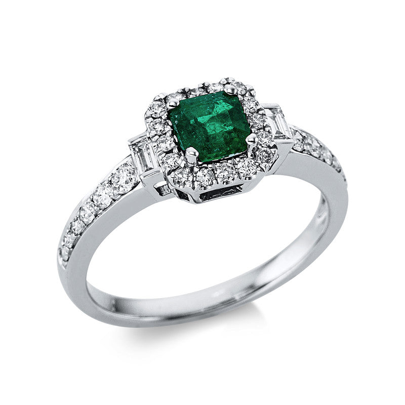 Ring mit Smaragd  aus 750/-18 Karat Weißgold mit 30 Diamanten 0