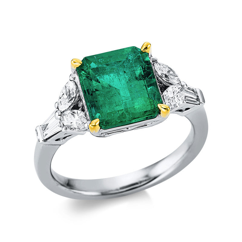 Ring mit Smaragd  aus 750/-18 Karat Weißgold / Gelbgold mit 8 Diamanten 0