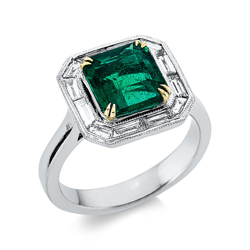 Ring mit Smaragd  aus 750/-18 Karat Weißgold / Gelbgold mit 12 Diamanten 0