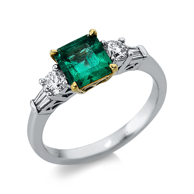 Ring mit Smaragd  aus 750/-18 Karat Weißgold / Gelbgold mit 6 Diamanten 0