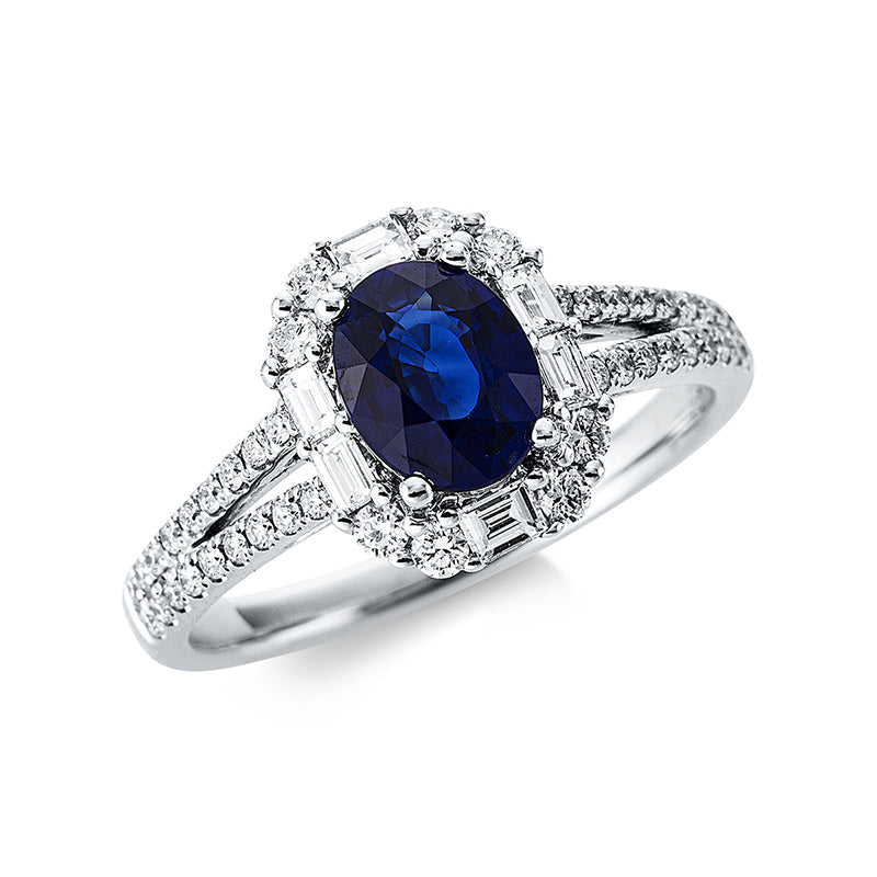 Ring mit Saphir  aus 750/-18 Karat Weißgold mit 50 Diamanten 0