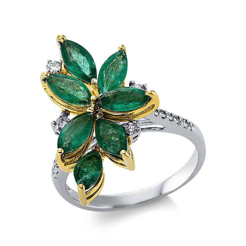 Ring mit Smaragd  aus 750/-18 Karat Weißgold / Gelbgold mit 14 Diamanten 0