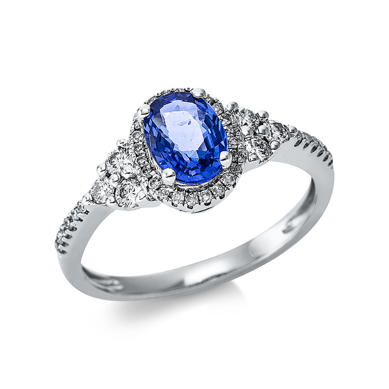 Ring mit Saphir  aus 585/-14 Karat Weißgold mit 42 Diamanten 0