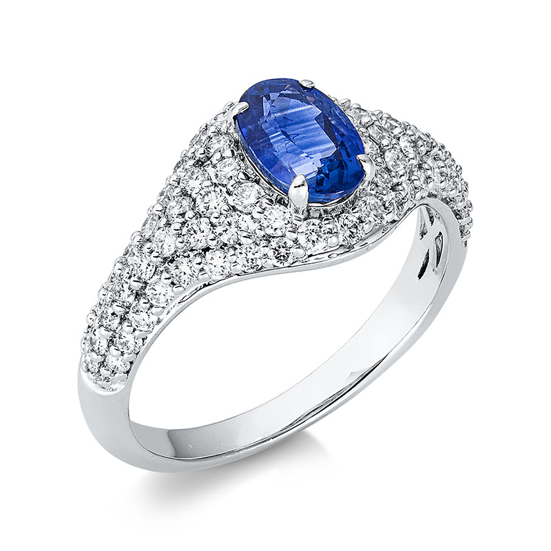 Ring mit Saphir  aus 750/-18 Karat Weißgold mit 68 Diamanten 0