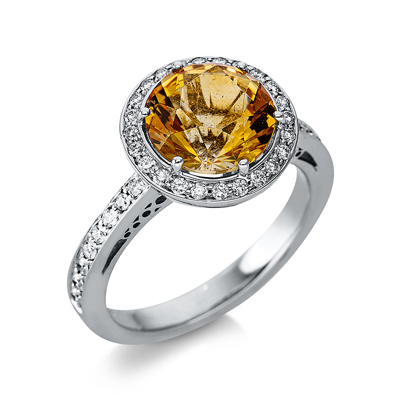 Ring mit Citrin  aus 750/-18 Karat Weißgold mit 40 Diamanten 0