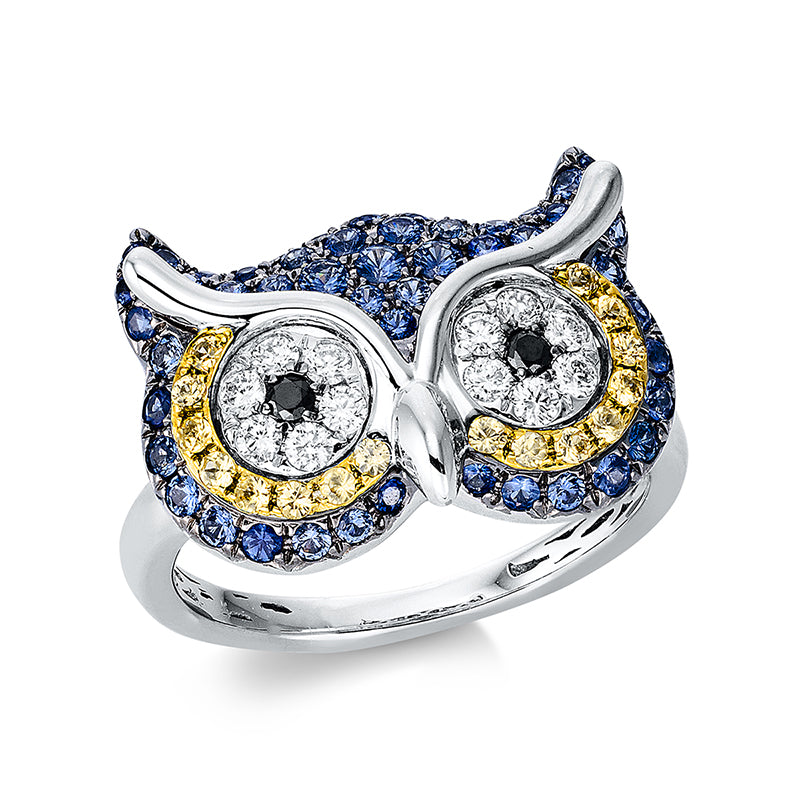 Ring mit Saphir  aus 750/-18 Karat Weißgold / Gelbgold mit 14 Diamanten 0