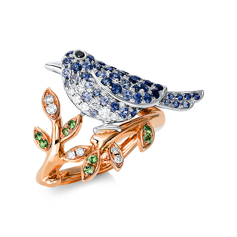 Ring mit Tsavorith  aus 750/-18 Karat Rotgold / Weißgold mit 14 Diamanten 0