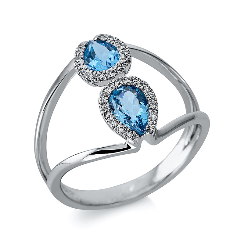 Ring mit Blautopas  aus 750/-18 Karat Weißgold mit 30 Diamanten 0
