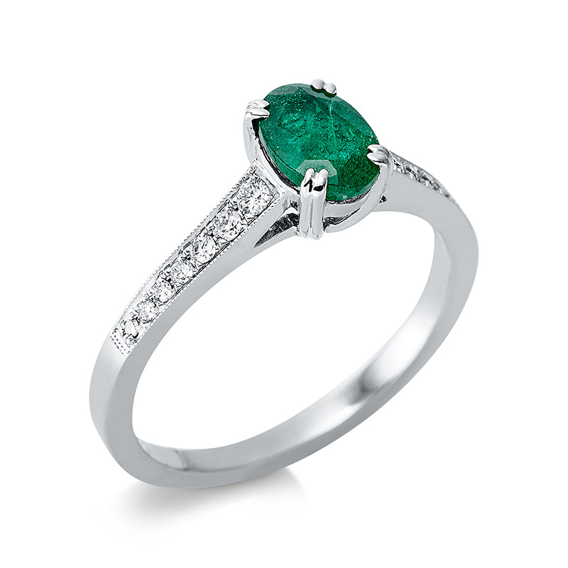 Ring mit Smaragd  aus 750/-18 Karat Weißgold mit 14 Diamanten 0