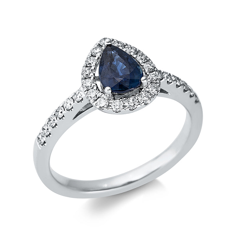 Ring mit Saphir  aus 750/-18 Karat Weißgold mit 28 Diamanten 0