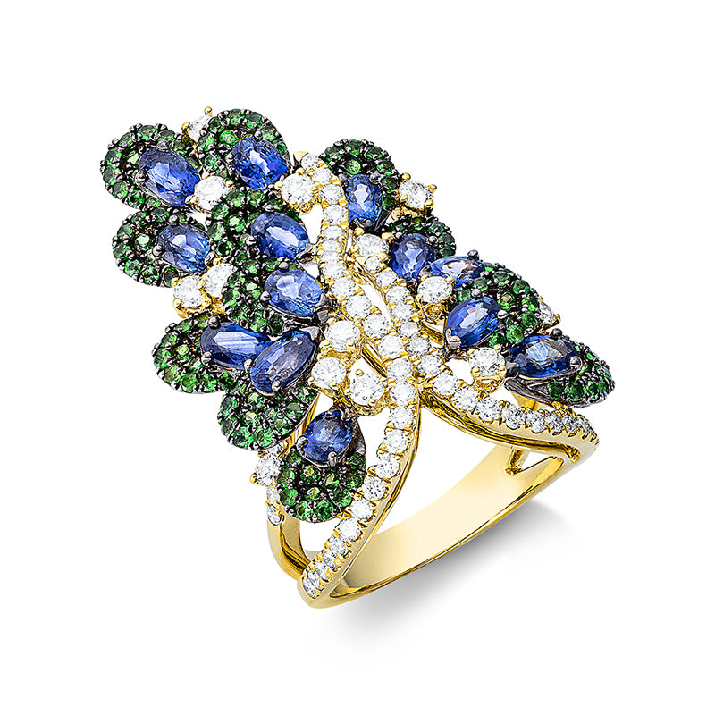 Ring mit Tsavorith  aus 750/-18 Karat Gelbgold mit 66 Diamanten 1