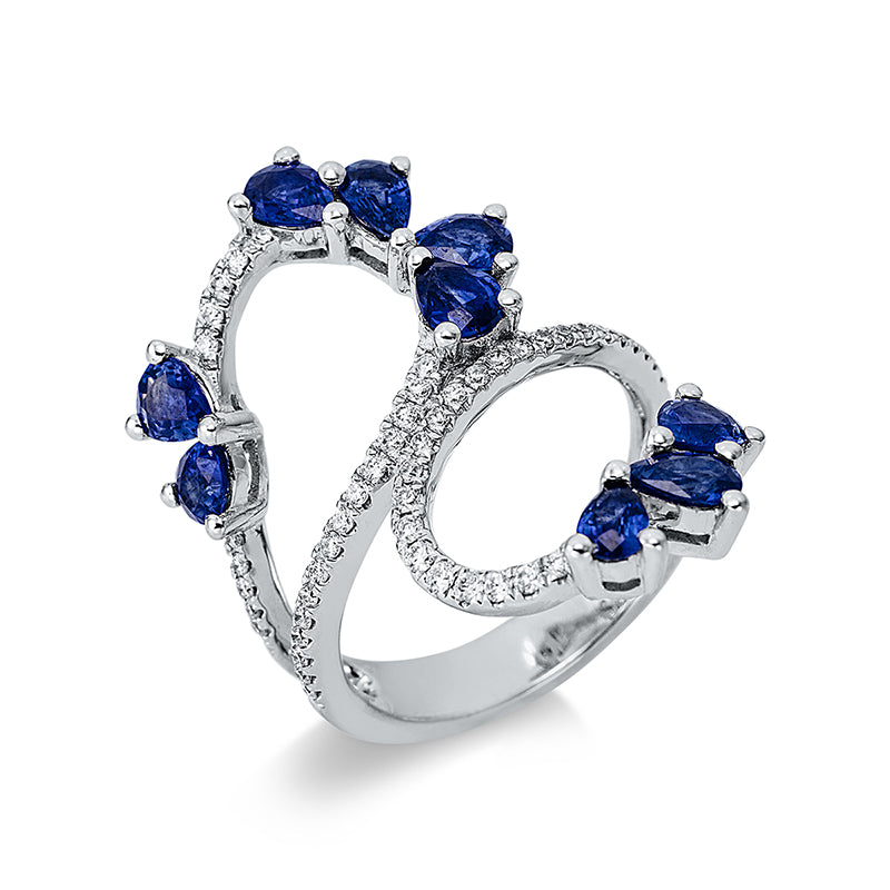 Ring mit Saphir  aus 750/-18 Karat Weißgold mit 55 Diamanten 0