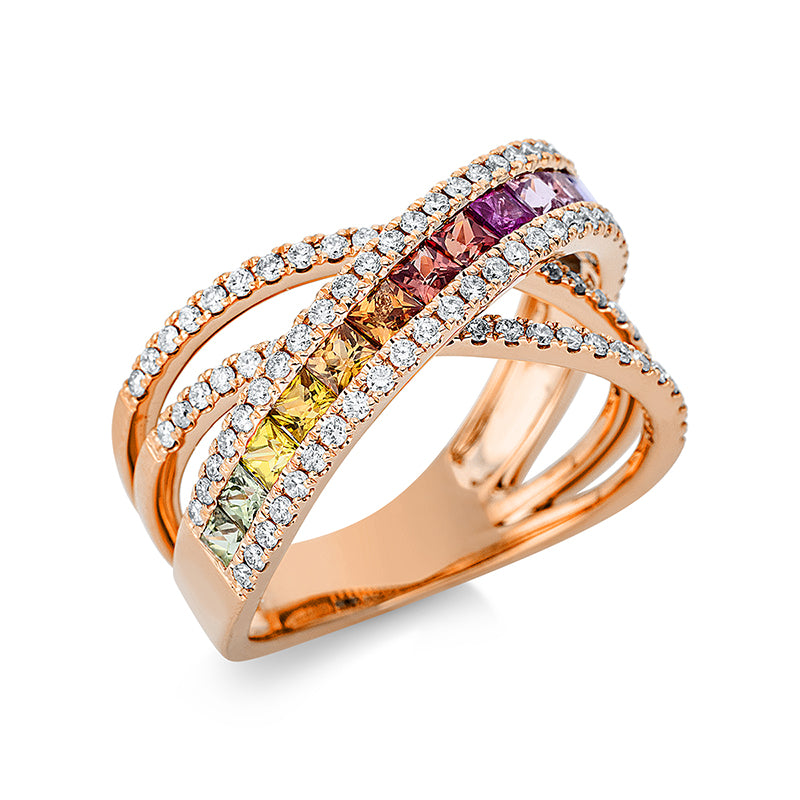 Ring mit Saphir  aus 750/-18 Karat Rotgold mit 100 Diamanten 0