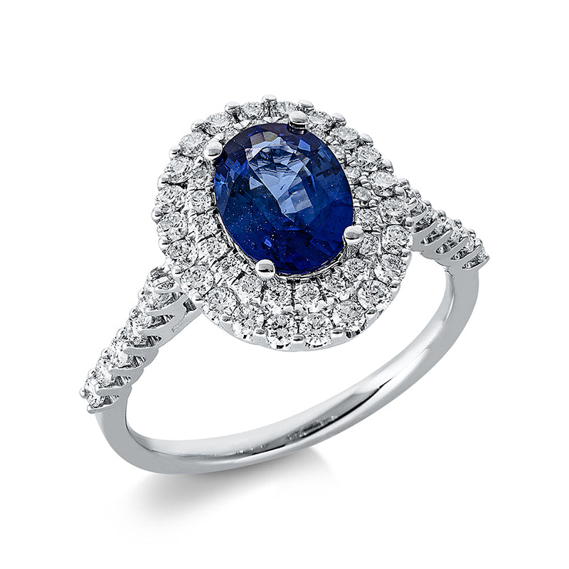Ring mit Saphir  aus 750/-18 Karat Weißgold mit 54 Diamanten 0