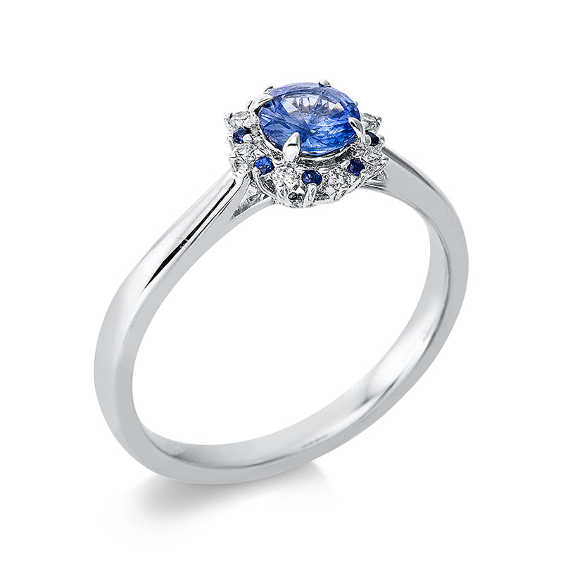 Ring mit Saphir  aus 750/-18 Karat Weißgold mit 80 Diamanten 0