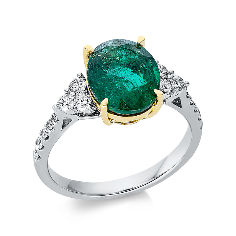 Ring mit Smaragd  aus 750/-18 Karat Weißgold / Gelbgold mit 16 Diamanten 0