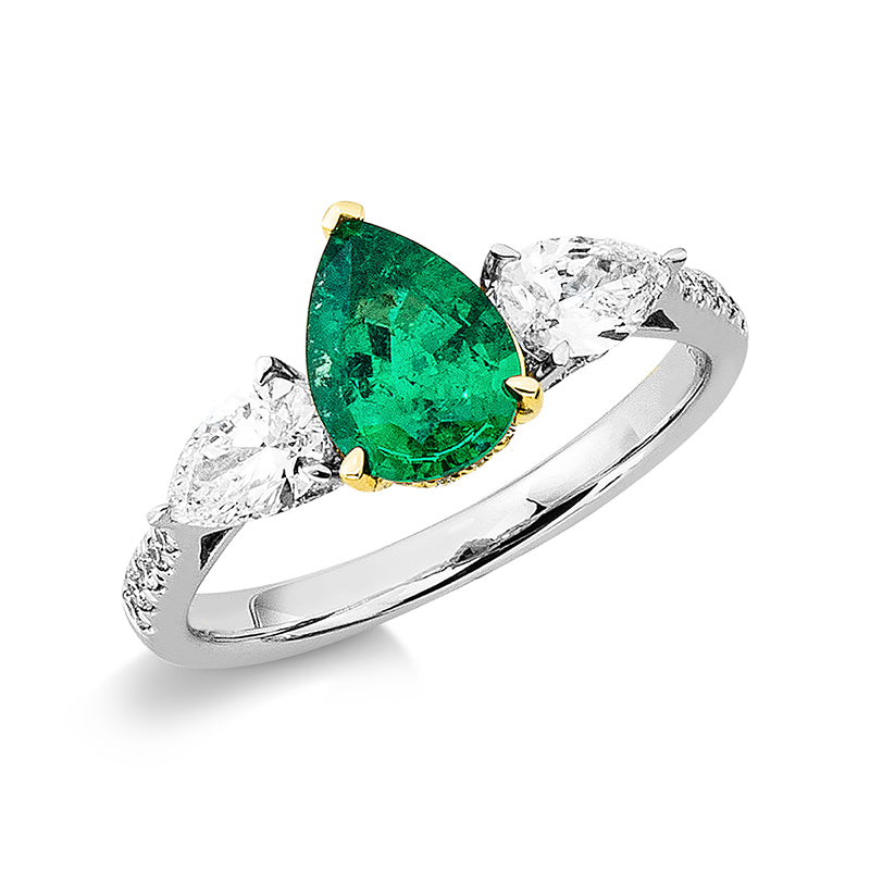 Ring mit Smaragd  aus 750/-18 Karat Weißgold / Gelbgold mit 59 Diamanten 0