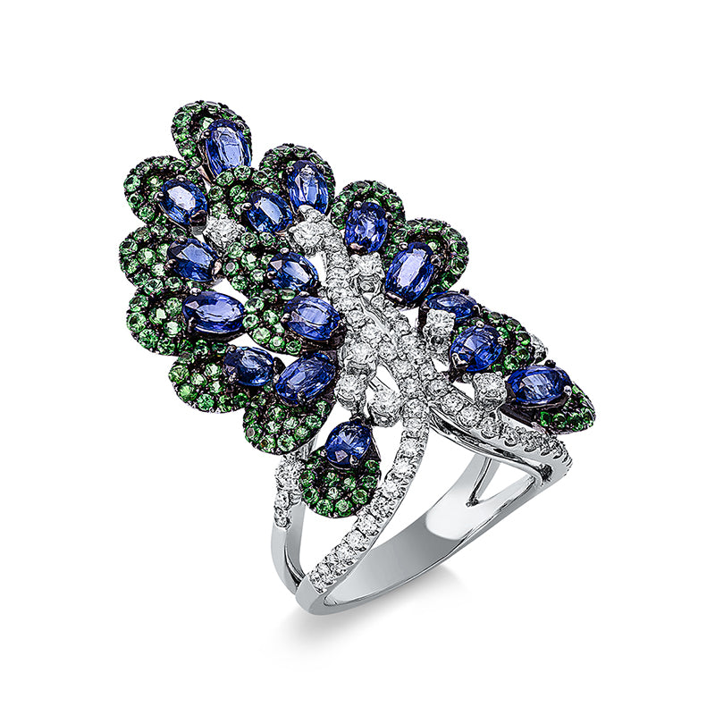Ring mit Saphir  aus 750/-18 Karat Weißgold mit 62 Diamanten 0